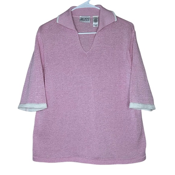 Russ VTG Women's Knit Top Tunic Sweater Pink White Trim Collared XL Pullover - Picture 1 of 6